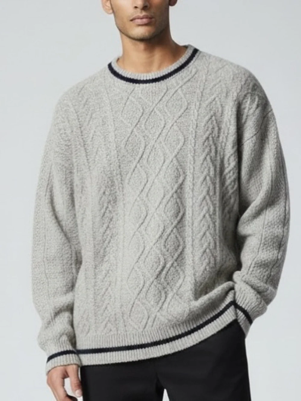 VINTAGE CABLEKNIT SWEATER Men's Vintage Crewneck in Grey with Navy Trim Size XL
